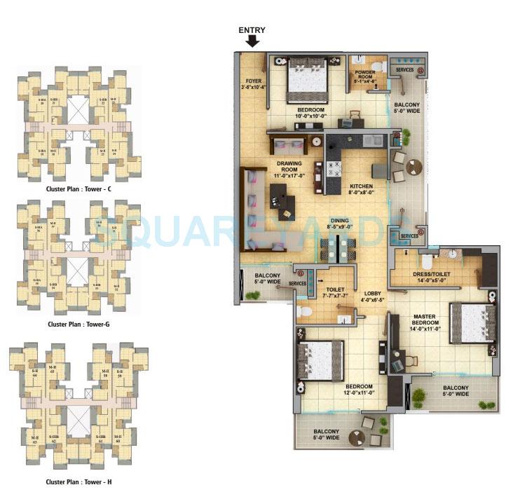 Floor plan of 3 BHK Apartment - 926 sq. ft. in Gaurs Cascades, Ghaziabad