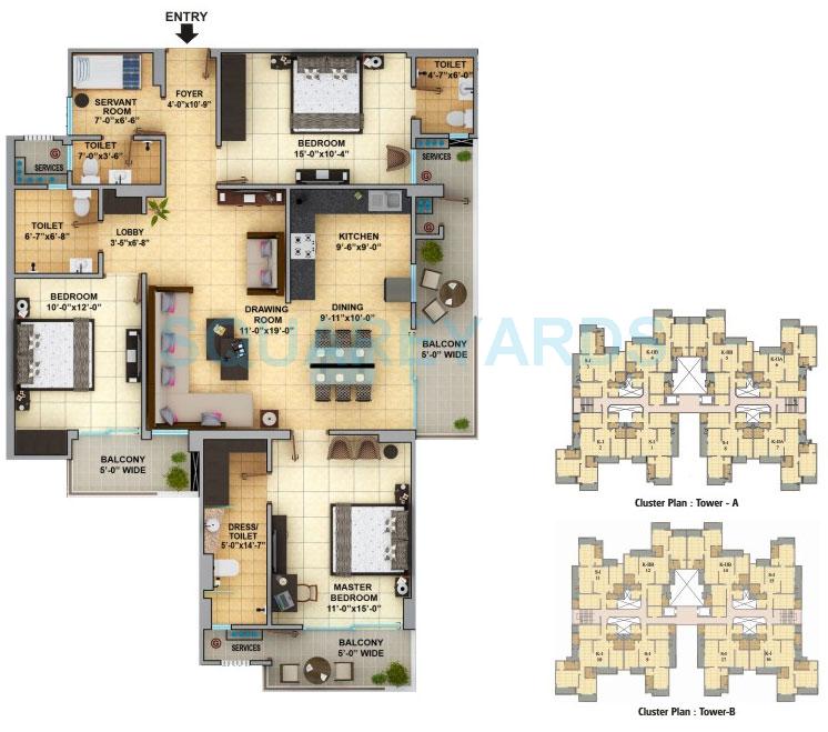Floor plan of 3 BHK Apartment - 1114 sq. ft. in Gaurs Cascades, Ghaziabad
