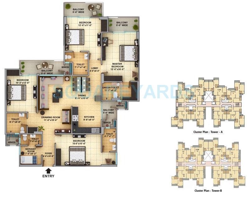 Floor plan of 4 BHK Apartment - 1333 sq. ft. in Gaurs Cascades, Ghaziabad