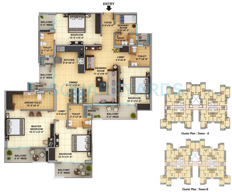 Floor plan of 4 BHK Apartment - 1410 sq. ft. in Gaurs Cascades, Ghaziabad