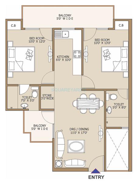 Floor plan of 2 BHK 1050 Sq. Ft. Apartment in Gaurs Global Village, Ghaziabad