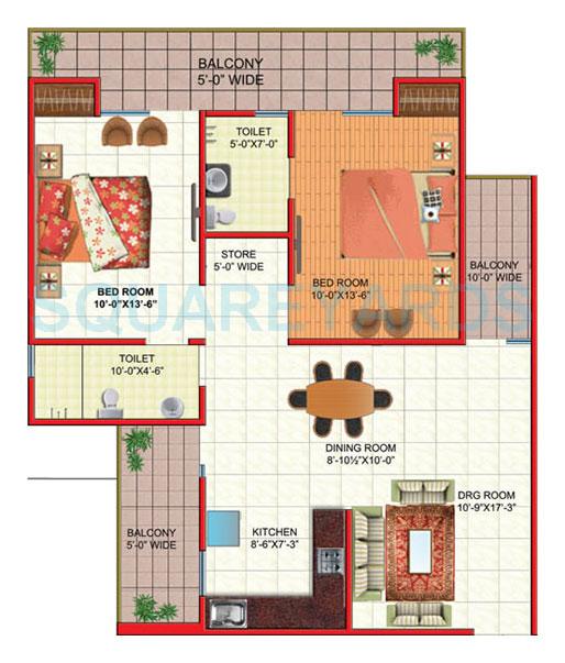 Floor plan of 2 BHK 1275 Sq. Ft. Apartment in Gaurs Global Village, Ghaziabad
