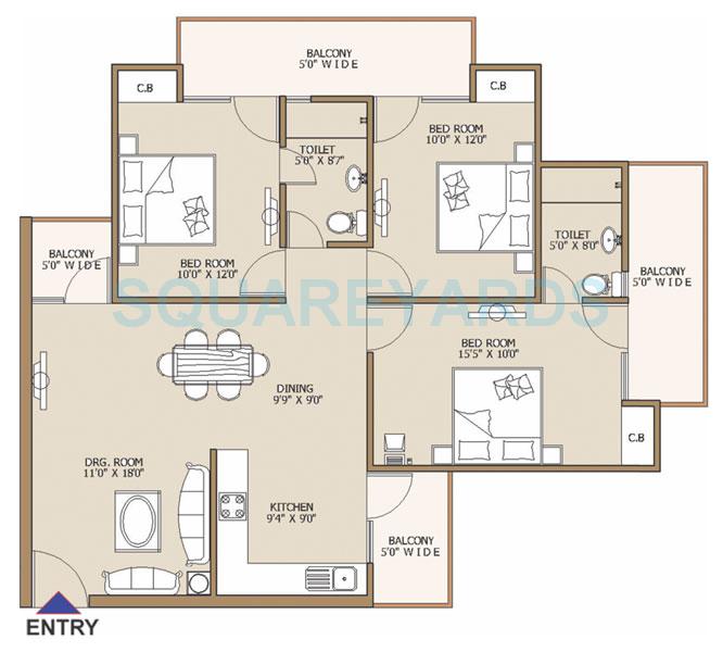 Floor plan of 3 BHK 1515 Sq. Ft. Apartment in Gaurs Global Village, Ghaziabad