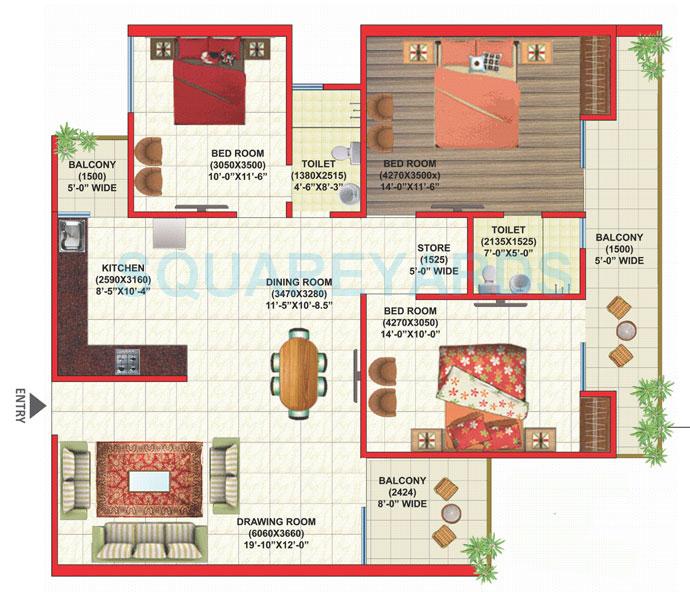 Floor plan of 3 BHK 1600 Sq. Ft. Apartment in Gaurs Global Village, Ghaziabad