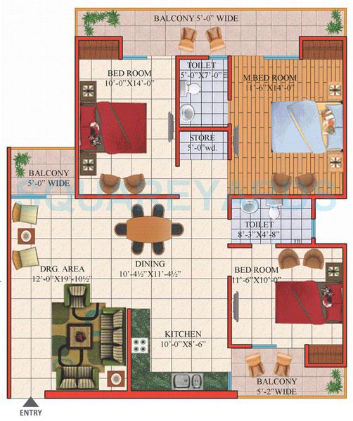 Floor plan of 3 BHK 1620 Sq. Ft. Apartment in Gaurs Global Village, Ghaziabad