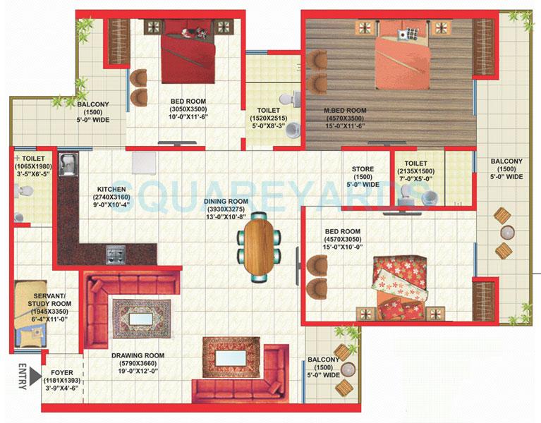 Floor plan of 3 BHK 1840 Sq. Ft. Apartment in Gaurs Global Village, Ghaziabad