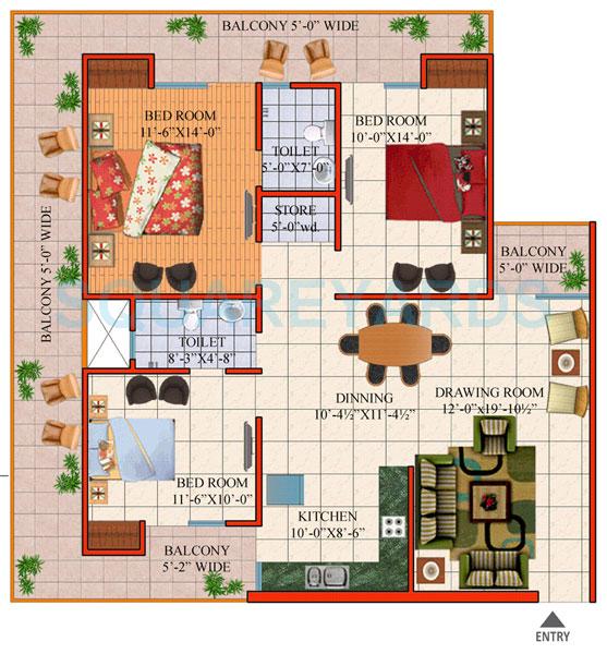 Floor plan of 3 BHK 1870 Sq. Ft. Apartment in Gaurs Global Village, Ghaziabad