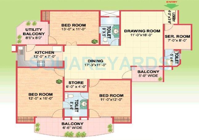 Floor plan of 3 BHK 1800 Sq. Ft. Apartment in Gaurs Green Avenue, Ghaziabad