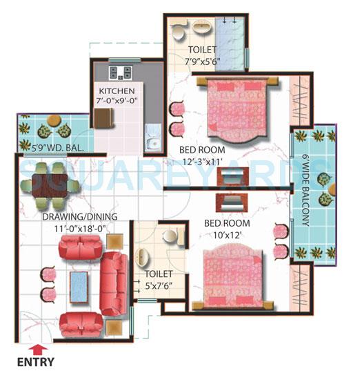 Floor plan of 2 BHK 1025 Sq. Ft. Apartment in Gaurs Homes, Ghaziabad