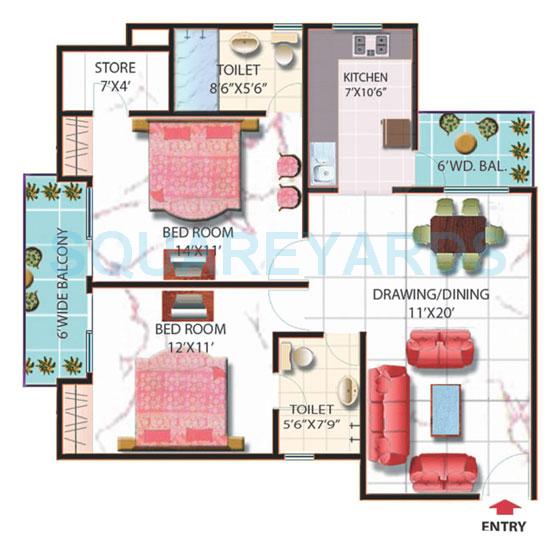 Floor plan of 2 BHK 1180 Sq. Ft. Apartment in Gaurs Homes, Ghaziabad