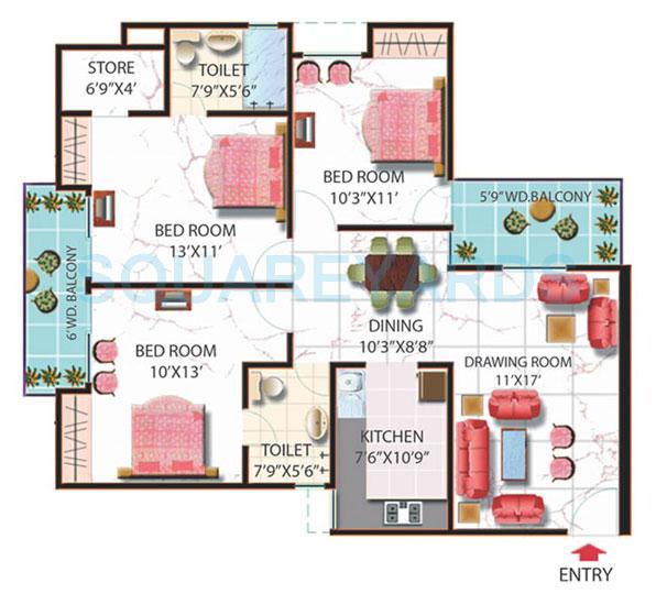 Floor plan of 3 BHK 1405 Sq. Ft. Apartment in Gaurs Homes, Ghaziabad