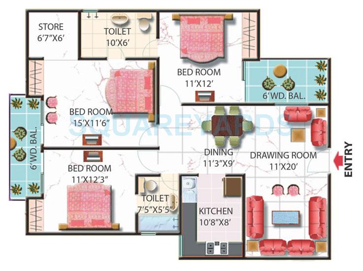 Floor plan of 3 BHK 1575 Sq. Ft. Apartment in Gaurs Homes, Ghaziabad