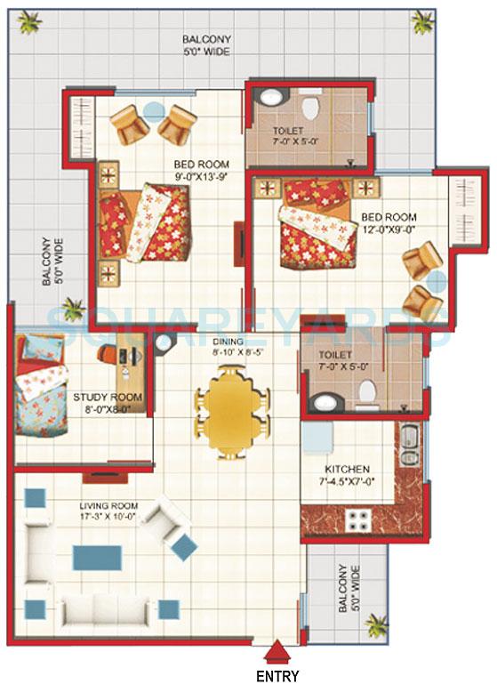Floor plan of 2 BHK 1231 Sq. Ft. Apartment in Gaurs Green Vista, Ghaziabad