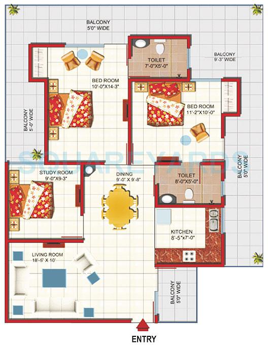 Floor plan of 2 BHK 1518 Sq. Ft. Apartment in Gaurs Green Vista, Ghaziabad