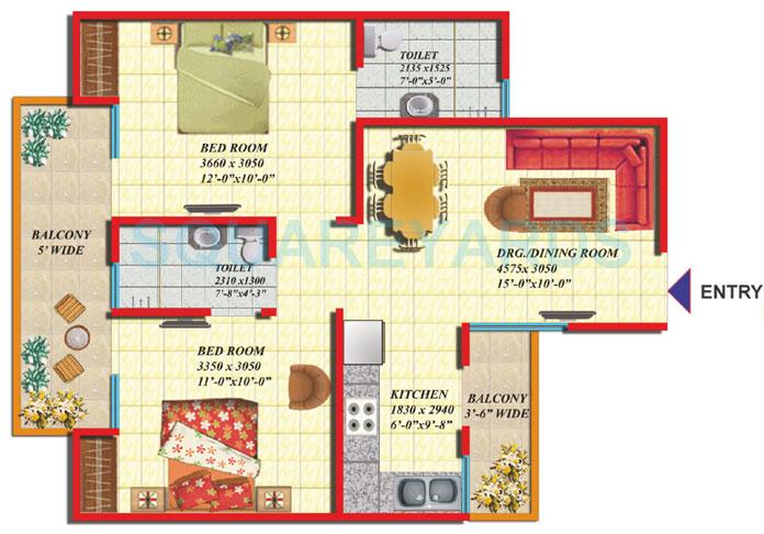 Floor plan of 2 BHK 920 Sq. Ft. Apartment in Gaurs Green Vista, Ghaziabad