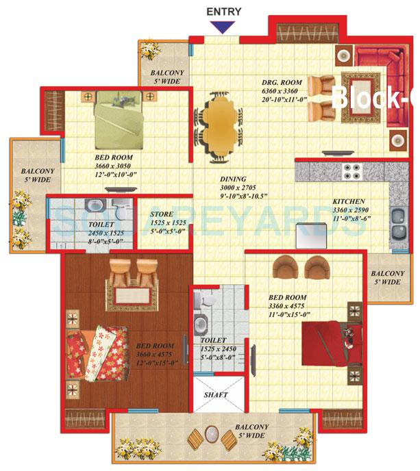 Floor plan of 3 BHK 1655 Sq. Ft. Apartment in Gaurs Green Vista, Ghaziabad