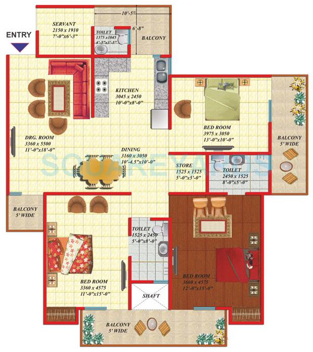 Floor plan of 3 BHK 1765 Sq. Ft. Apartment in Gaurs Green Vista, Ghaziabad