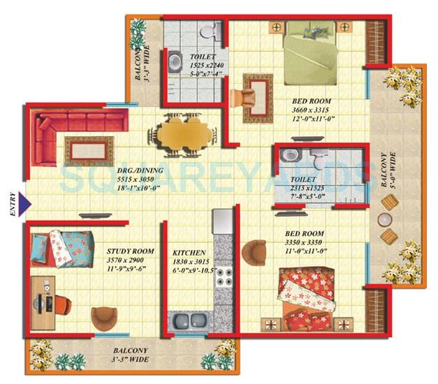 Floor plan of 2 BHK 1225 Sq. Ft. Apartment in Gaurs Green Vista Phase II, Ghaziabad
