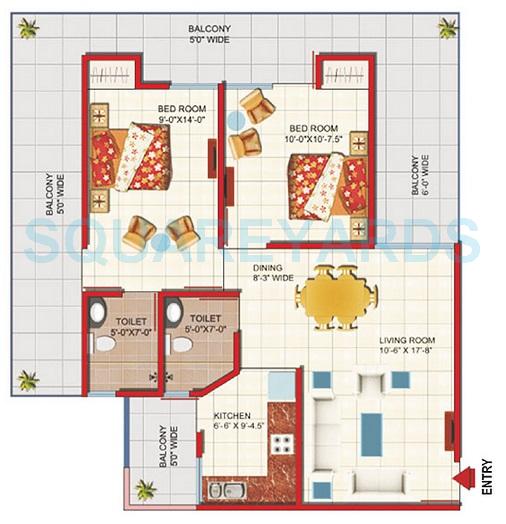 Floor plan of 2 BHK 1254 Sq. Ft. Apartment in Gaurs Green Vista Phase II, Ghaziabad