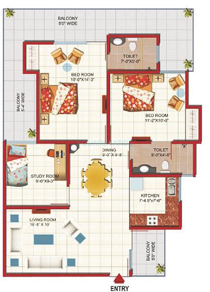 Floor plan of 2 BHK 1345 Sq. Ft. Apartment in Gaurs Green Vista Phase II, Ghaziabad