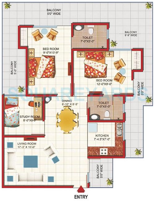 Floor plan of 2 BHK 1400 Sq. Ft. Apartment in Gaurs Green Vista Phase II, Ghaziabad