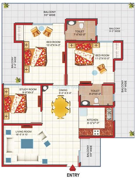 Floor plan of 2 BHK 1518 Sq. Ft. Apartment in Gaurs Green Vista Phase II, Ghaziabad