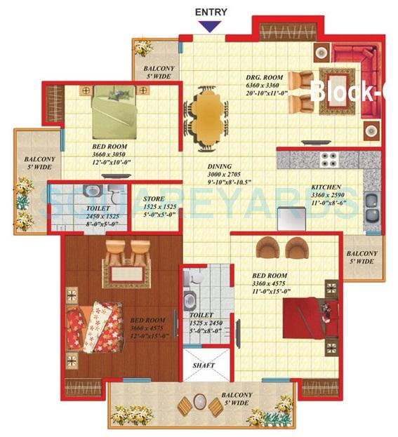 Floor plan of 3 BHK 1655 Sq. Ft. Apartment in Gaurs Green Vista Phase II, Ghaziabad