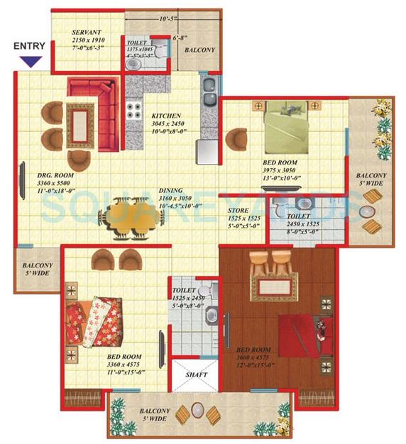Floor plan of 3 BHK 1765 Sq. Ft. Apartment in Gaurs Green Vista Phase II, Ghaziabad