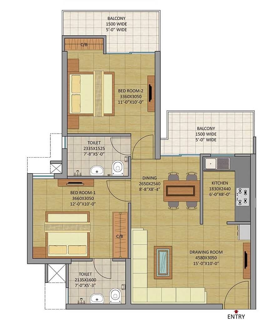 Floor plan of 3 BHK 945 Sq. Ft. Apartment in Gaurs Siddhartham, Ghaziabad