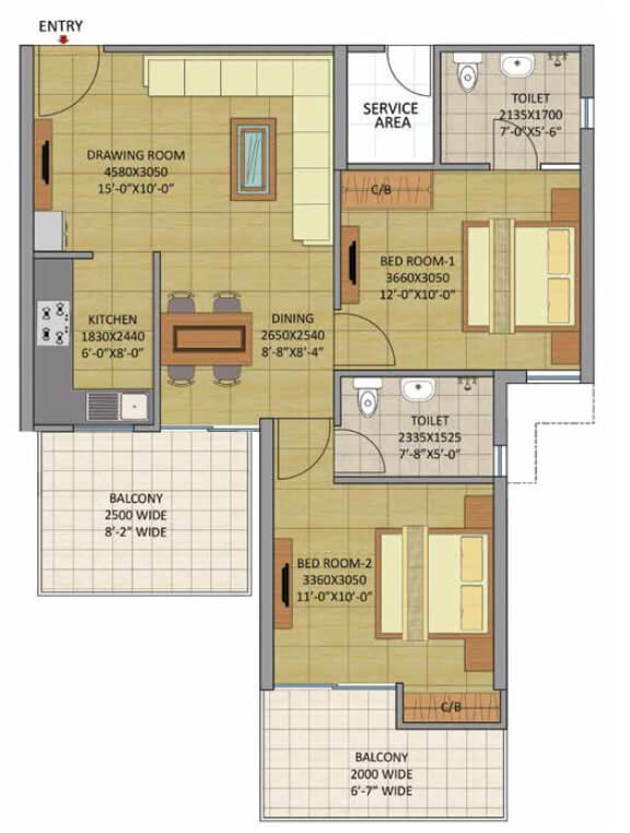 Floor plan of 2 BHK 1055 Sq. Ft. Apartment in Gaurs Siddhartham, Ghaziabad