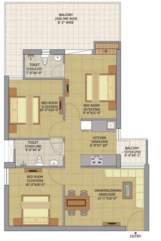 Floor plan of 2 BHK 1195 Sq. Ft. Apartment in Gaurs Siddhartham, Ghaziabad