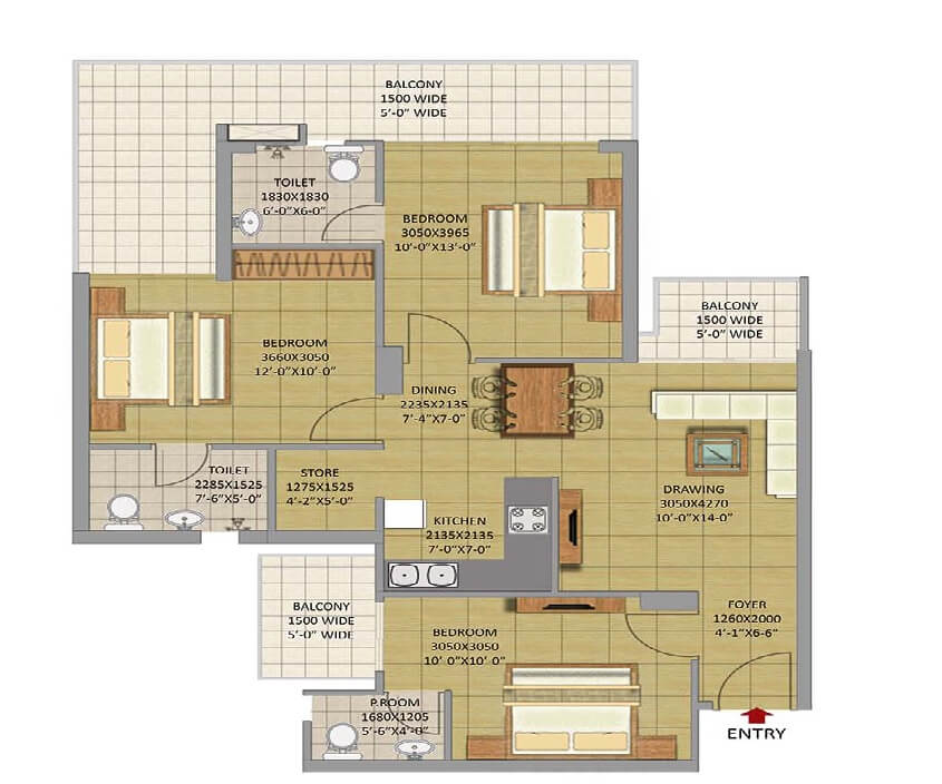 Floor plan of 3 BHK 1185 Sq. Ft. Apartment in Gaurs Siddhartham, Ghaziabad