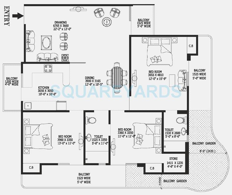 Floor plan of 3 BHK 2000 Sq. Ft. Apartment in Gaurs Valerio, Ghaziabad