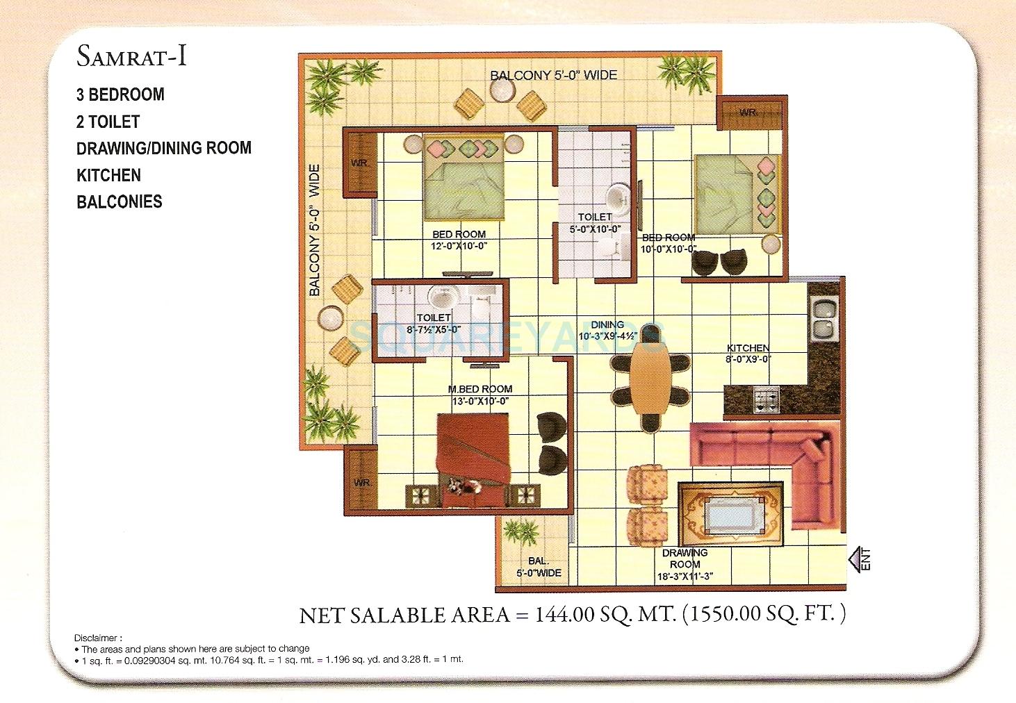 Floor plan of 3 BHK 1550 Sq. Ft. Apartment in Gaurs Valerio, Ghaziabad