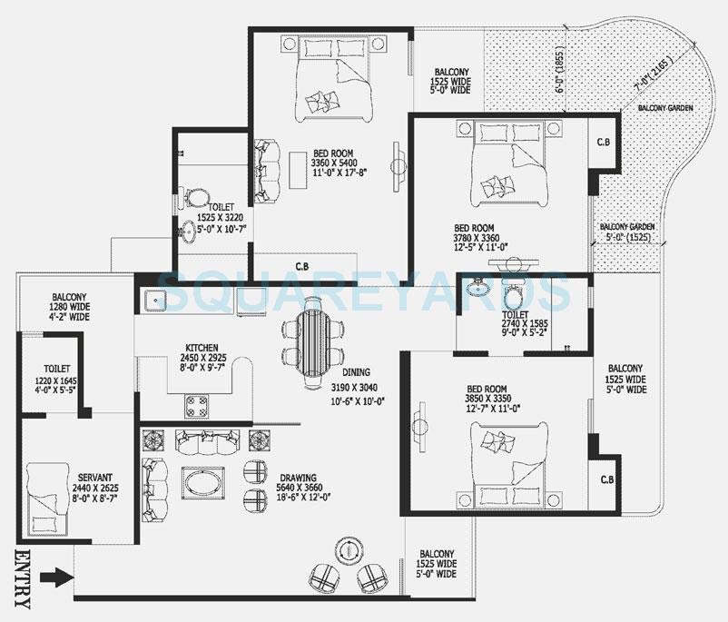 Floor plan of 3 BHK 1980 Sq. Ft. Apartment in Gaurs Valerio, Ghaziabad