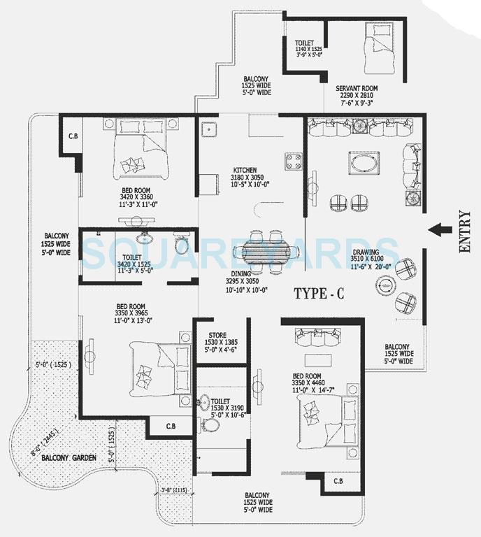 Floor plan of 3 BHK 2080 Sq. Ft. Apartment in Gaurs Valerio, Ghaziabad
