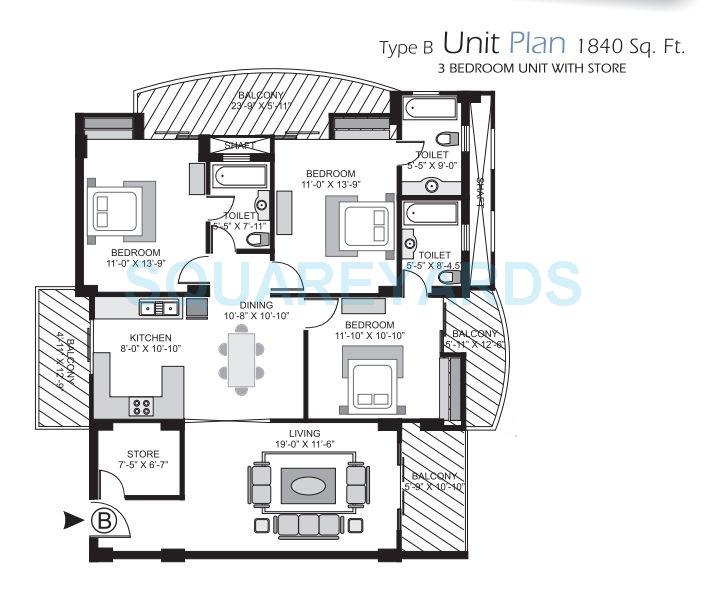 Floor plan of 3 BHK Apartment - 1077 sq. ft. in Gulshan Emerald Heights, Ghaziabad