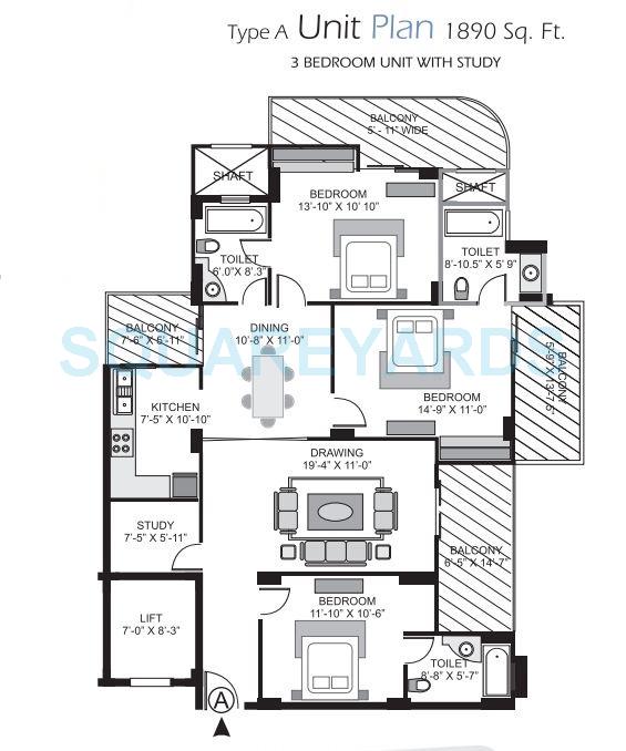 Floor plan of 3 BHK Apartment - 1070 sq. ft. in Gulshan Emerald Heights, Ghaziabad