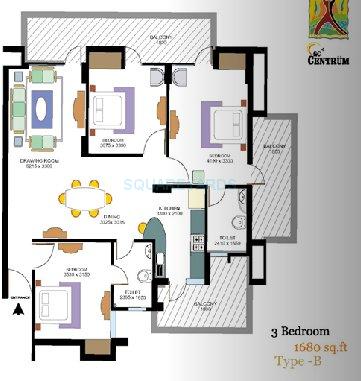Floor plan of 3 BHK 1680 Sq. Ft. Apartment in Gulshan GC Centrum, Ghaziabad