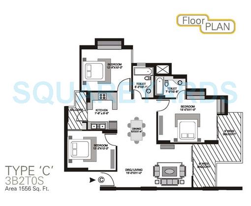 Floor plan of 3 BHK 1556 Sq. Ft. Apartment in Gulshan GC Grand, Ghaziabad