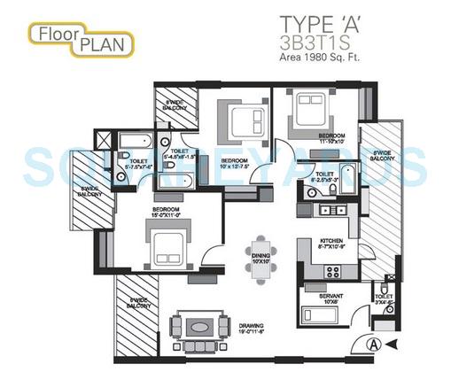Floor plan of 3 BHK 1980 Sq. Ft. Apartment in Gulshan GC Grand, Ghaziabad