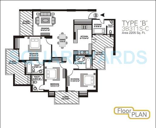 Floor plan of 3 BHK 2205 Sq. Ft. Apartment in Gulshan GC Grand, Ghaziabad