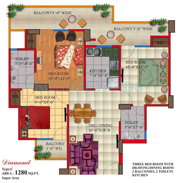 Floor plan of 3 BHK 1280 Sq. Ft. Apartment in Himalaya Legend, Ghaziabad