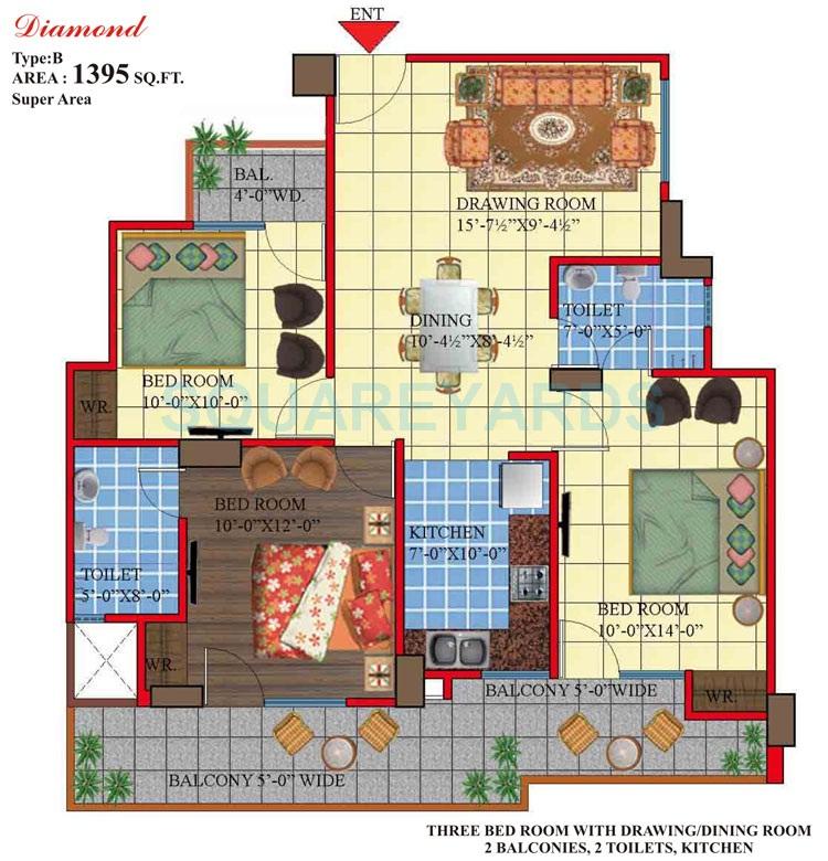 Floor plan of 3 BHK 1395 Sq. Ft. Apartment in Himalaya Legend, Ghaziabad