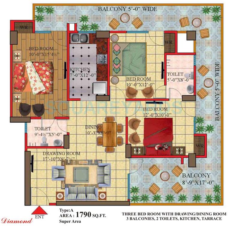Floor plan of 3 BHK 1790 Sq. Ft. Apartment in Himalaya Legend, Ghaziabad