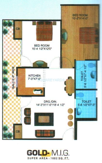 Floor plan of 2 BHK 1082 Sq. Ft. Apartment in Himalaya Tower, Ghaziabad