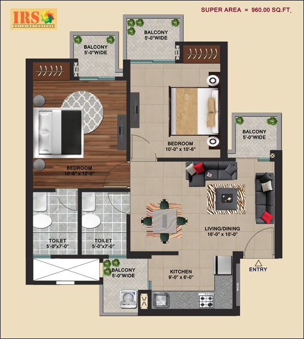 Floor plan of 2 BHK 960 Sq. Ft. Apartment in IRS Ishaan Shristi, Ghaziabad