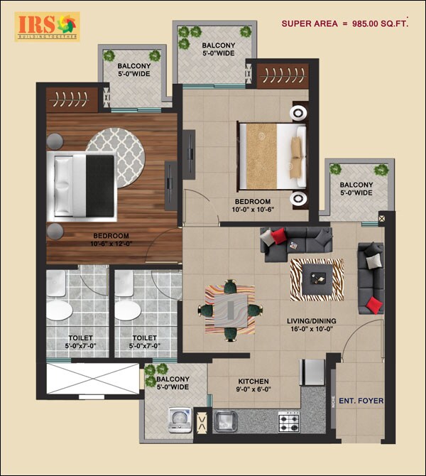 Floor plan of 2 BHK 985 Sq. Ft. Apartment in IRS Ishaan Shristi, Ghaziabad
