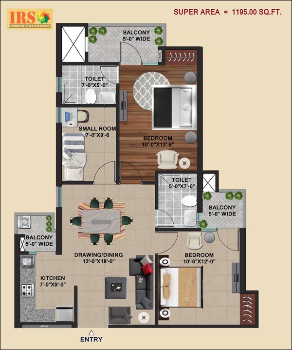 Floor plan of 3 BHK 1195 Sq. Ft. Apartment in IRS Ishaan Shristi, Ghaziabad