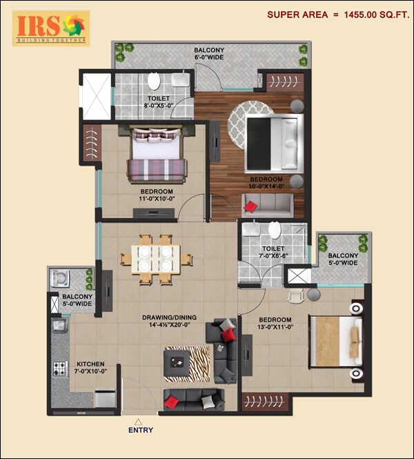 Floor plan of 3 BHK 1455 Sq. Ft. Apartment in IRS Ishaan Shristi, Ghaziabad